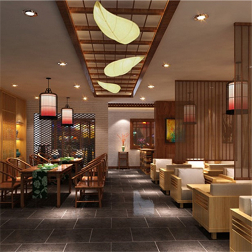 天津餐厅使用木纹金属屏风分割空间装饰